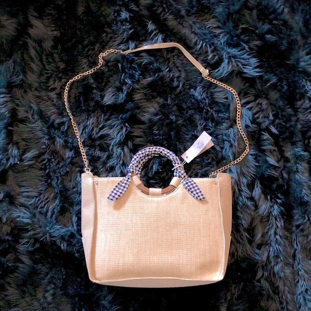 New Gingham Handle Straw Satchel Bag Tote Purse w/Removable Chain Strap